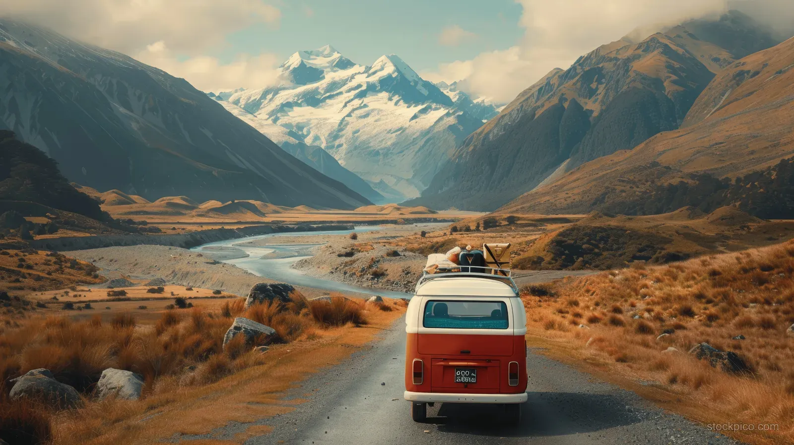A vintage camper van drives down a mountain road toward snowcapped peaks in a wide New Zealand valley.