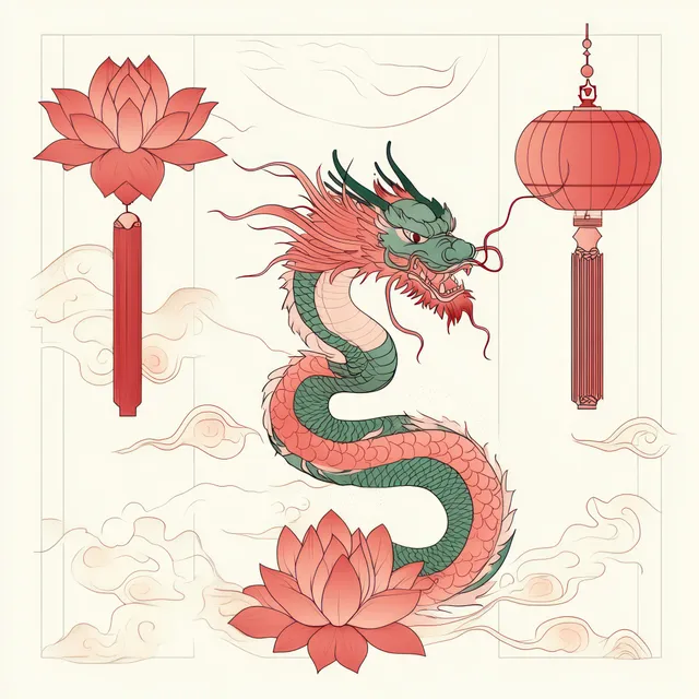A fierce red dragon coils among lotus flowers, with hanging lanterns and soft clouds in the background.
