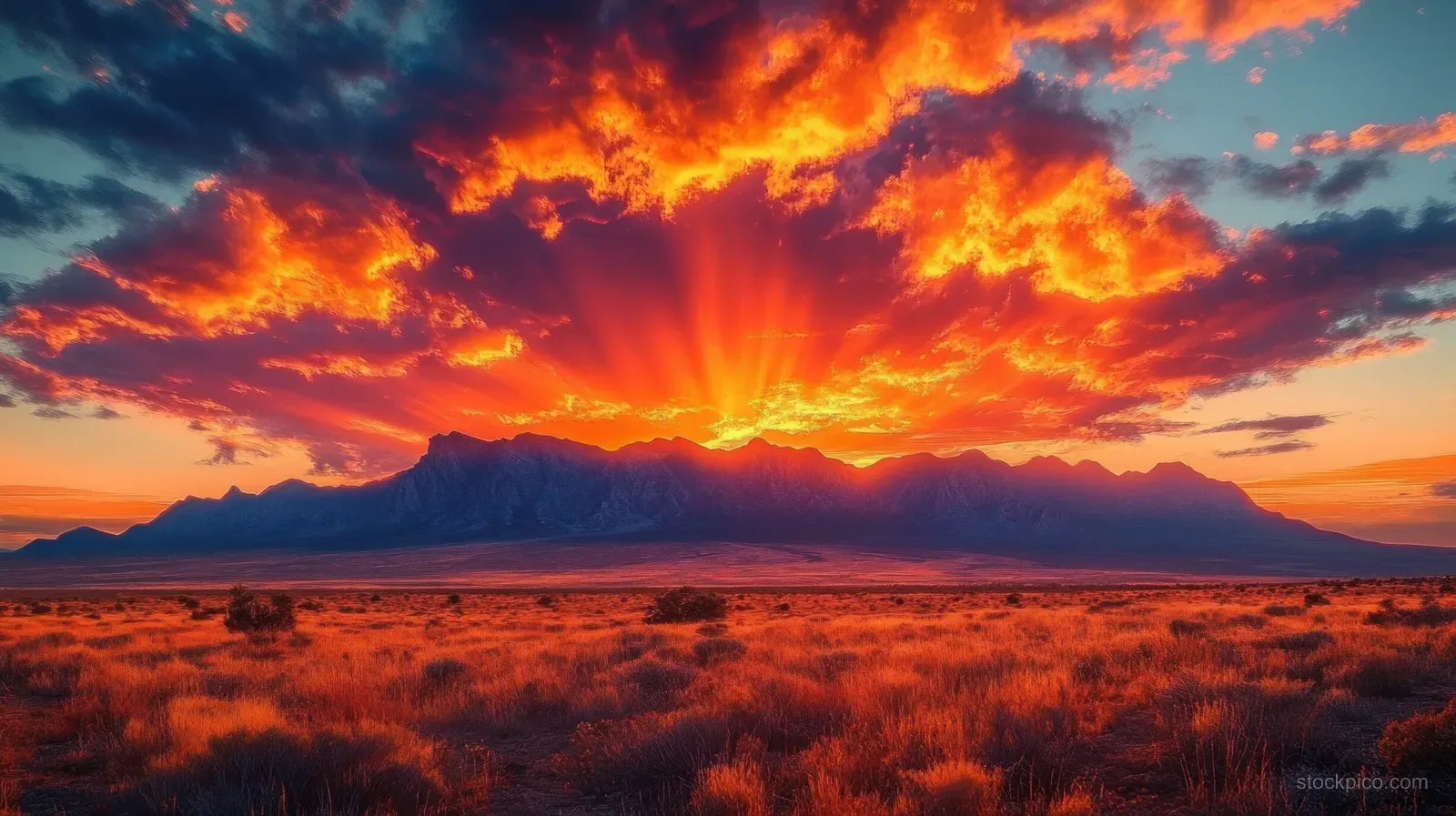 Fiery orange sunset casts glowing light over silhouetted mountains and a dry grassy plain beneath colorful clouds.