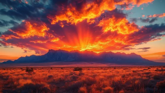 Fiery sunset over silhouetted mountains and dry grassy plain with dramatic cloud glow