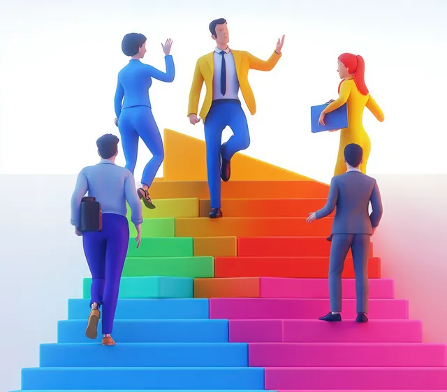 Five professionals in office attire climb a rainbow staircase together under bright light.
