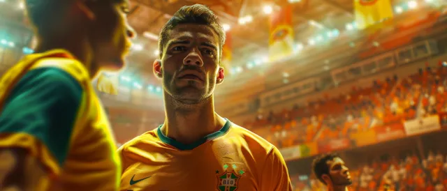 Men’s indoor volleyball player stands ready to serve with bright stadium lights and cheering spectators in the background.