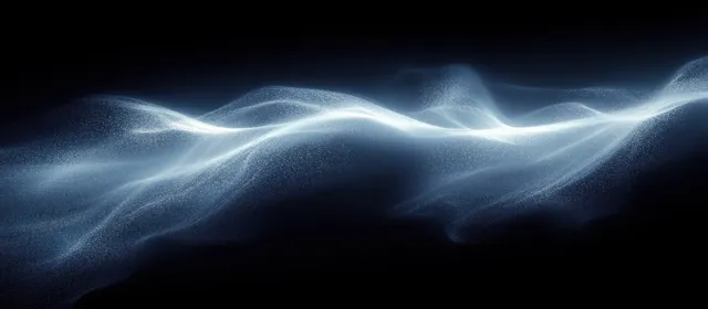 Shimmering white particle wave glides across a dark background, forming a smooth ethereal light stream.