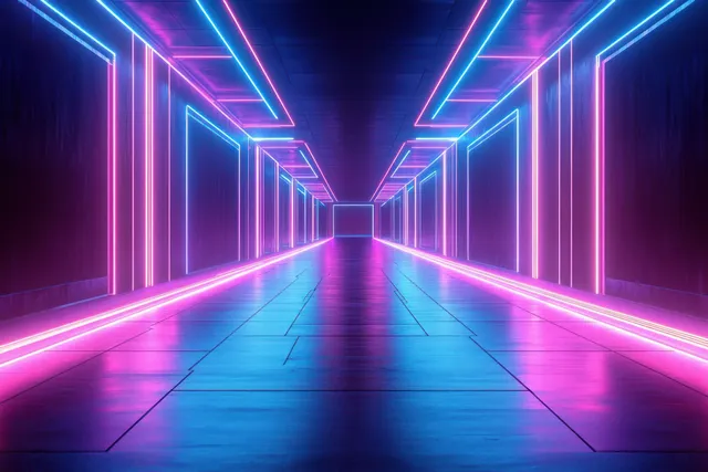 Neon cyberpunk corridor receding into the distance, glowing rails and reflective glossy floor