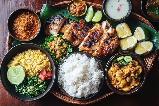 Traditional Indonesian rice plate with grilled chicken and vibrant side dishes on rustic wooden table