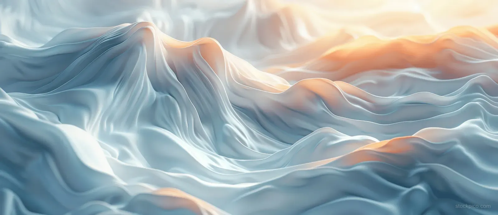 Blue and white abstract wave lines sweep across a soft gradient background.