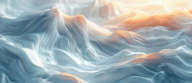 Blue and white abstract wave lines sweep across a soft gradient background.