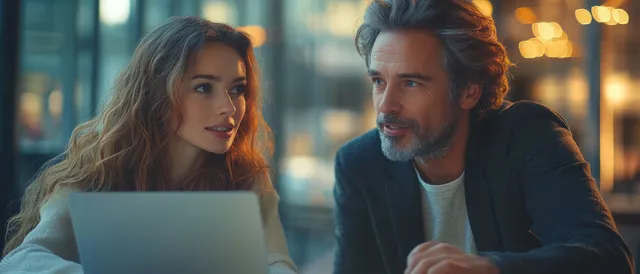 Two coworkers discuss plans on a laptop at an office desk with financial papers and documents.