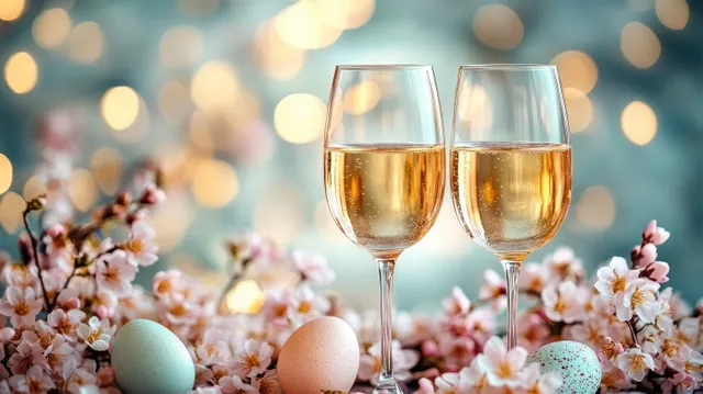 Two champagne glasses surrounded by pink cherry blossoms and pastel Easter eggs with warm bokeh lights behind them.