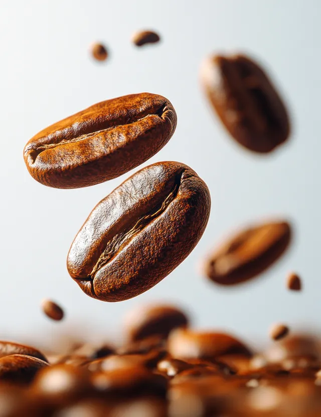 Roasted coffee beans falling through the air on a clean white studio background.
