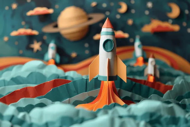 Origami rocket ship blasting forward through a starry paper-cut space sky backdrop