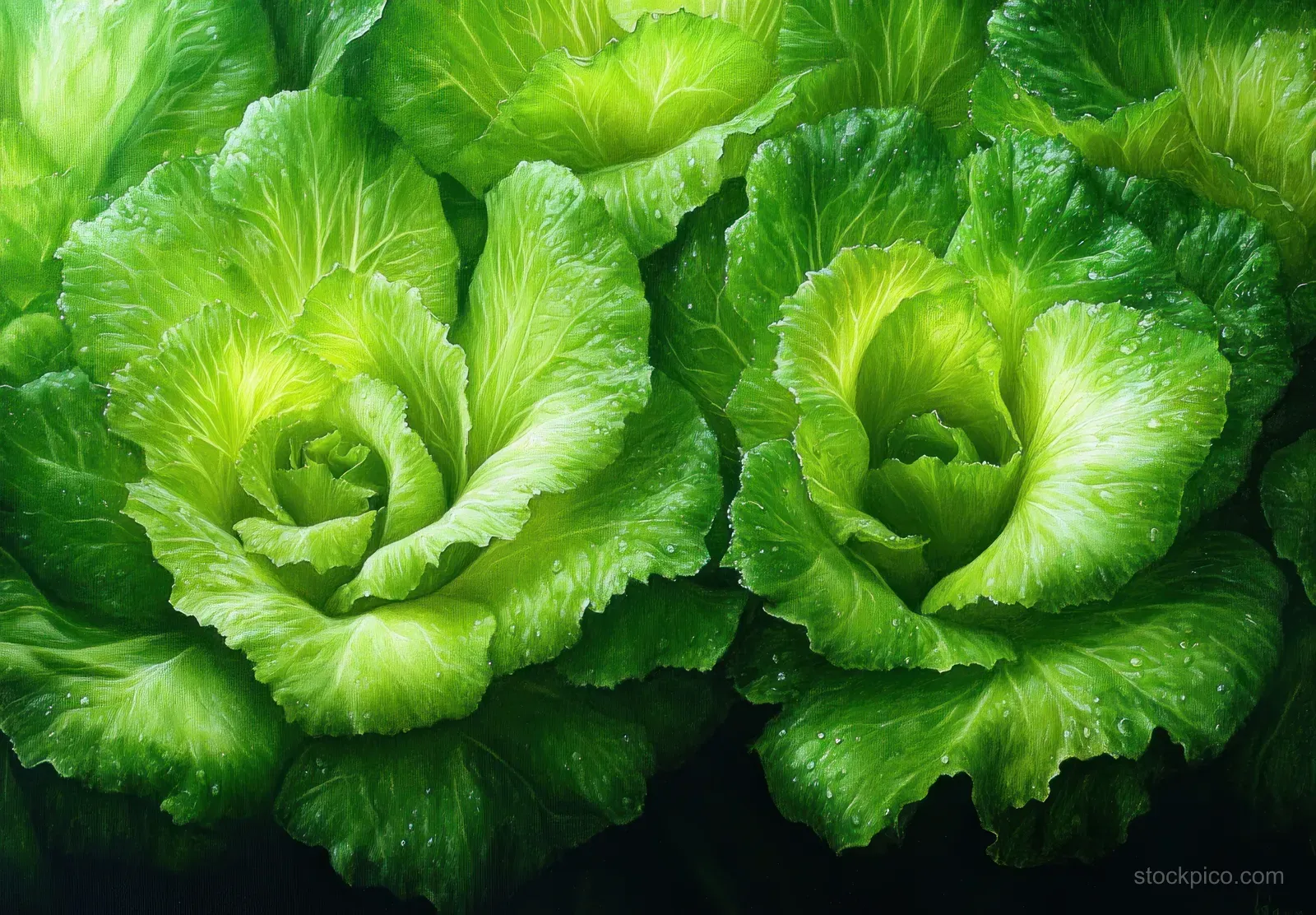 Fresh green lettuce heads with water droplets on crisp leaves.
