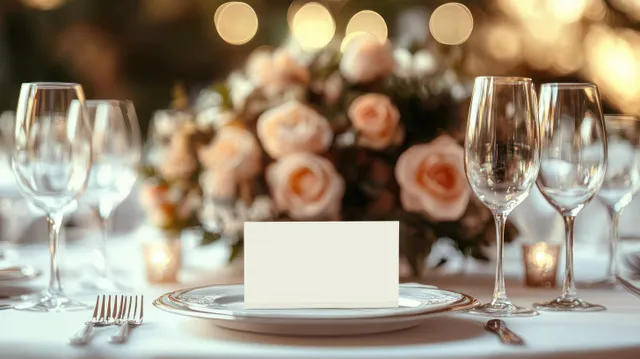 Blank menu card sits on a plated table with silverware and wine glasses beside softly lit flowers.