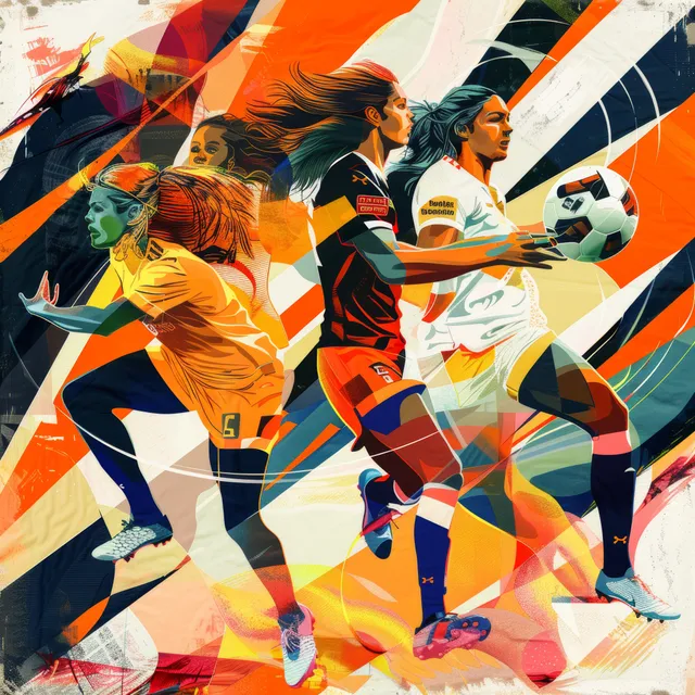 Women’s handball players sprinting and leaping, bold orange-blue illustrated tournament scene