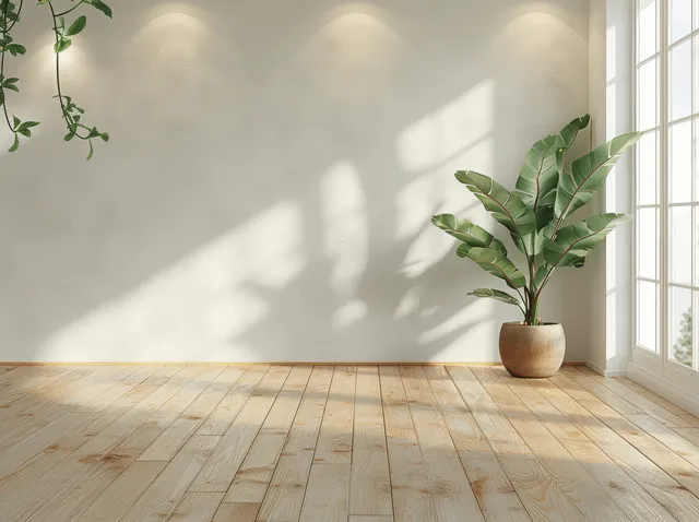Sunlit minimalist room interior with light wood parquet floor and potted plant by window