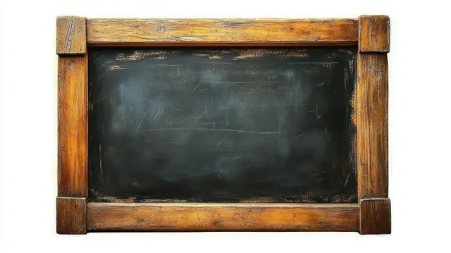 Empty chalkboard with rustic wooden frame and visible scratches, isolated on a white background.