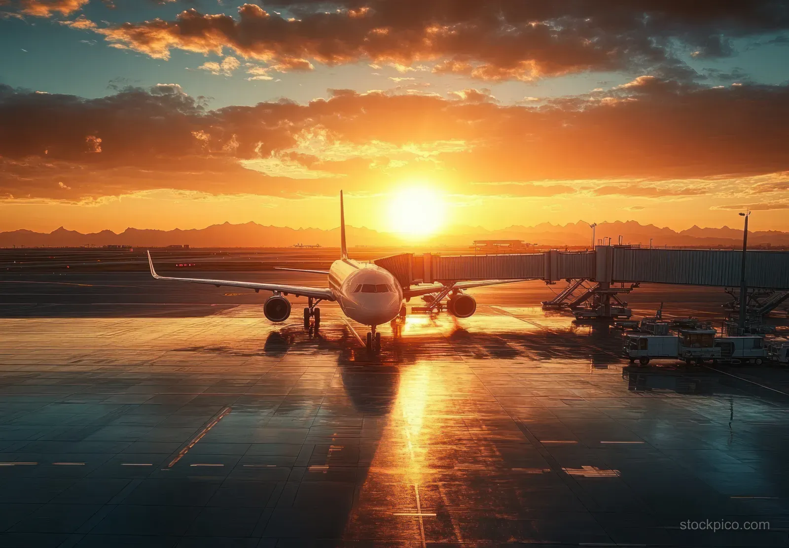 Airplane silhouette on an airport runway at sunset with glowing tarmac line patterns reflecting on the ground.