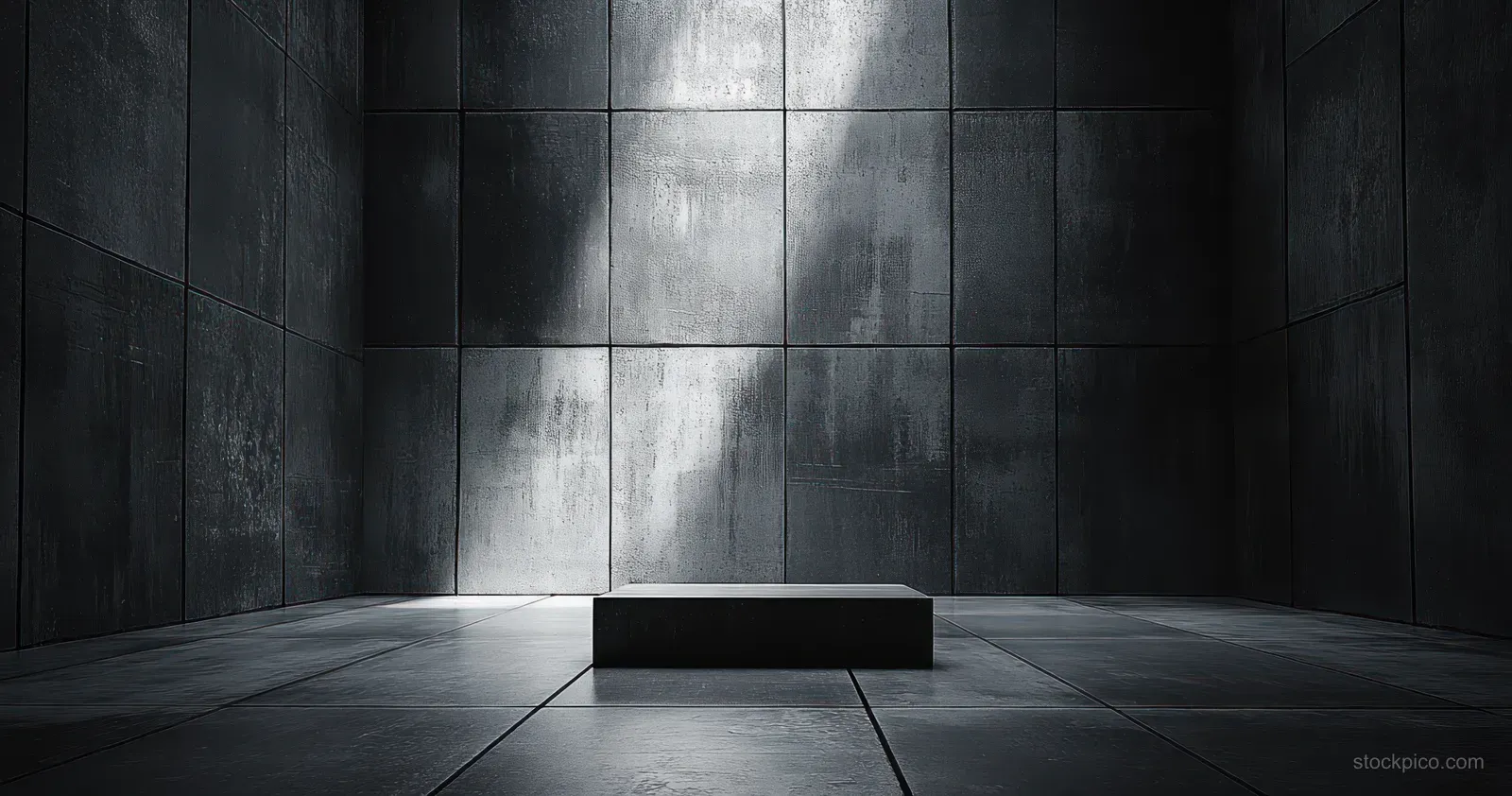 Empty grimy concrete room with dark metal walls, tiled floor, and a soft spotlight beam.