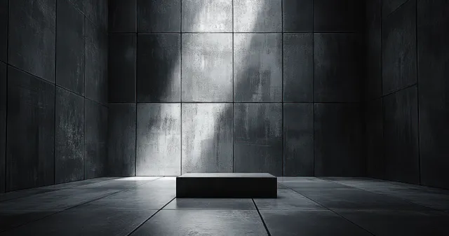 Empty grimy concrete room with dark metal walls, tiled floor, and a soft spotlight beam.