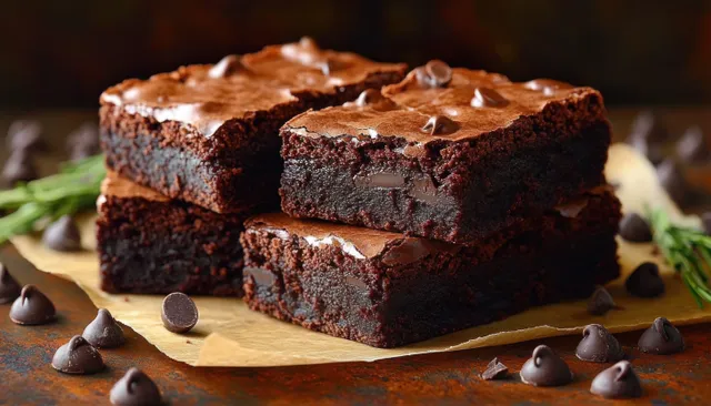Stacked chocolate brownies on parchment with scattered chocolate chips and rosemary sprigs on a rustic table.
