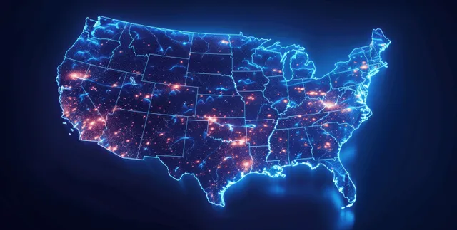 Futuristic glowing blue digital map of the United States with interconnected state borders symbolizing data and connectivity.