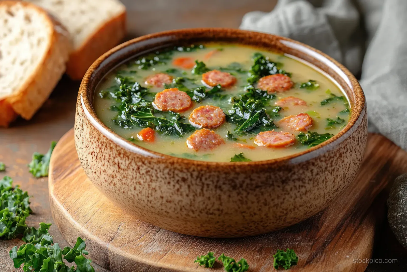 A bowl of sausage and kale soup on a wooden board with crusty bread slices in the background.