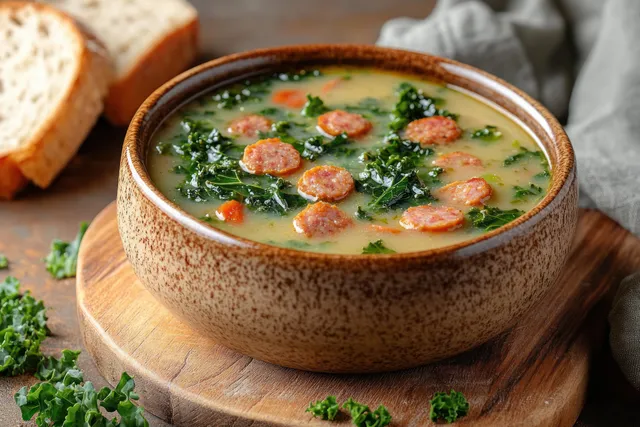 A bowl of sausage and kale soup on a wooden board with crusty bread slices in the background.