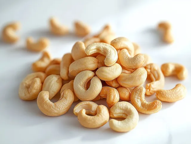 A pile of raw cashew nuts scattered on a white surface under soft natural light.