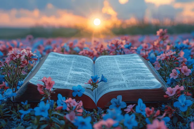 An open Bible lies in a flower-filled field at sunset, with blue and pink blossoms surrounding the pages.