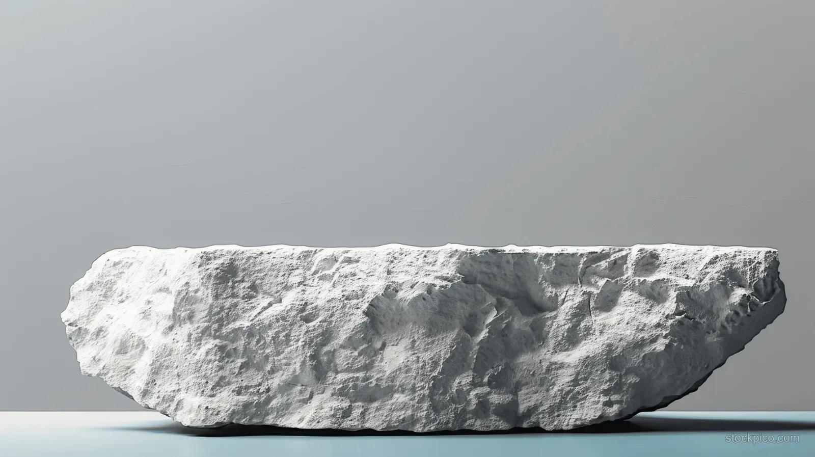 A large rough white stone block with a rugged textured surface rests on a plain gray background.