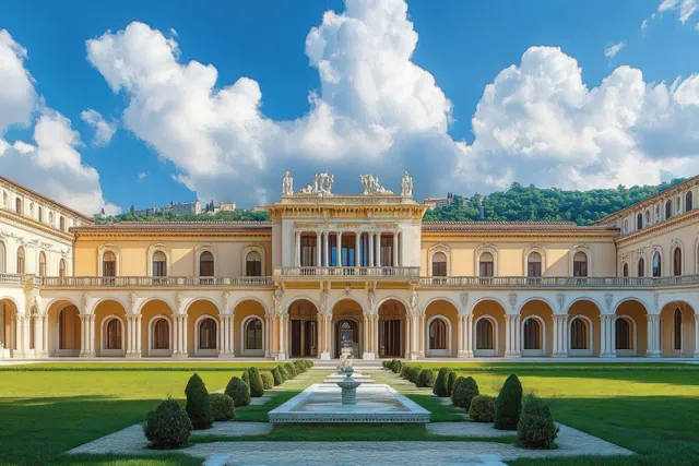 Majestic historic palace facade with arched columns and central fountain in manicured courtyard