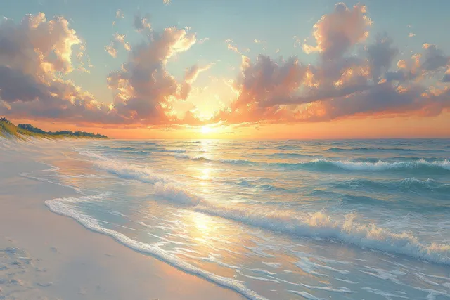 Golden sunset over a sandy beach with gentle ocean waves and pastel clouds