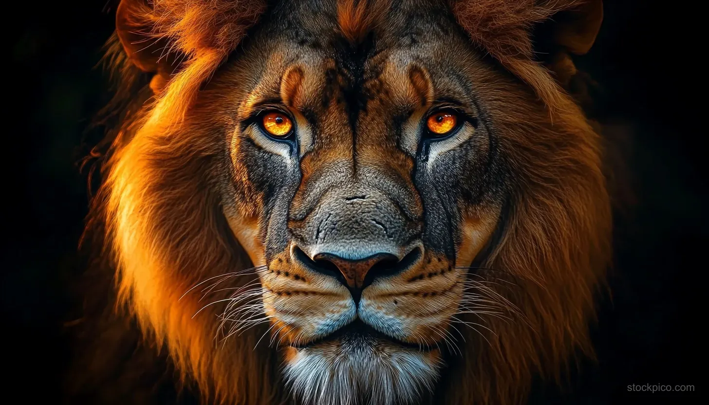 A lion close-up with glowing amber eyes and a thick golden mane against a dark background.