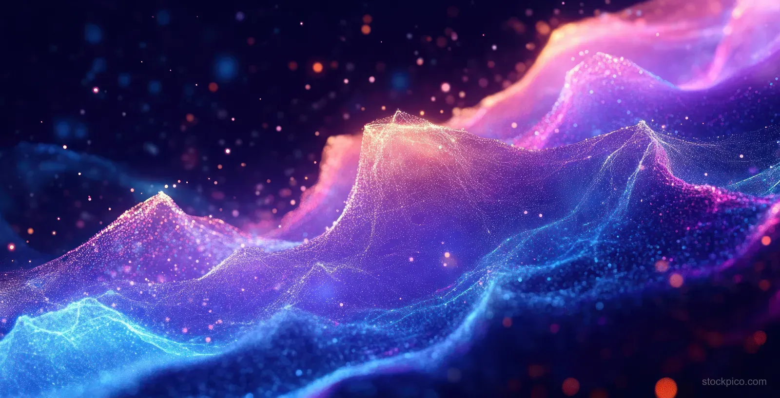 Glowing purple and blue abstract waves with floating particles on a dark background.