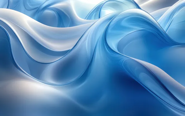 Abstract blue glass waves with smooth curves, soft glow, and refracted reflections
