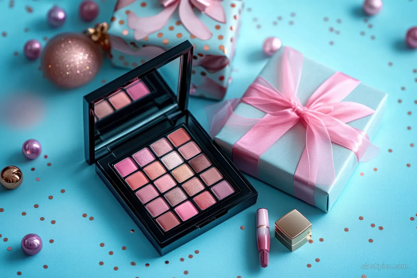 Open eyeshadow palette with pink and brown shades next to a pink-ribbon gift box on blue confetti background.