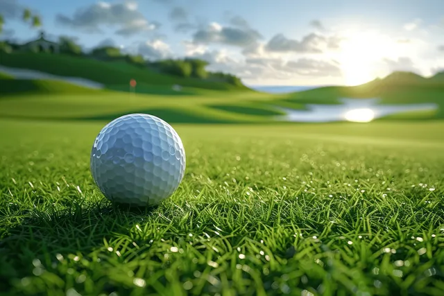 Golf ball on green fairway grass near a hole with a sunset golf course background.