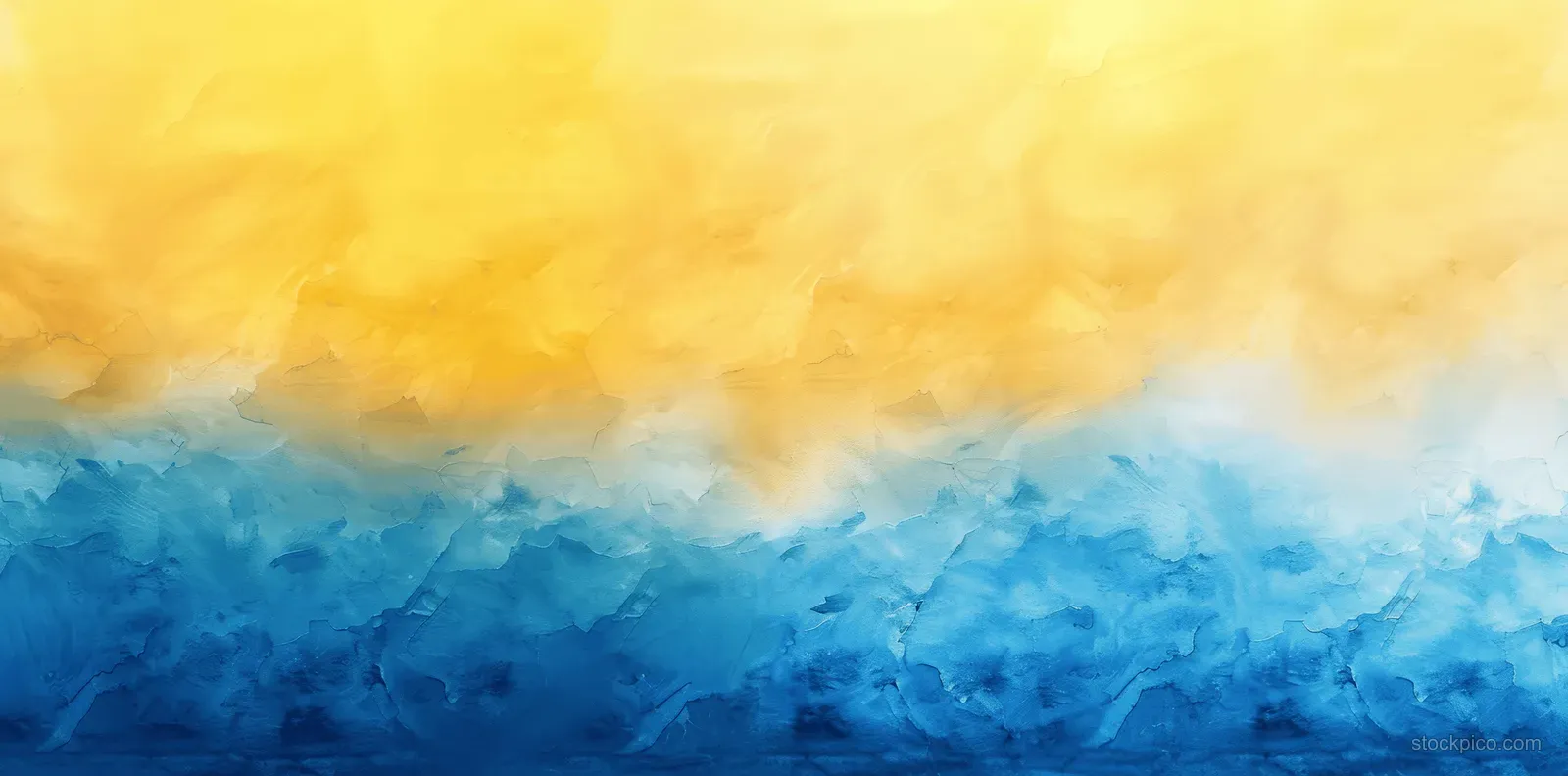 Abstract watercolor summer scene with blue sky clouds, a yellow sun glow, and a blended green field background.