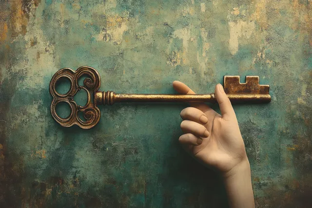 A hand holds an ornate bronze vintage key against a textured, dreamlike wall background.