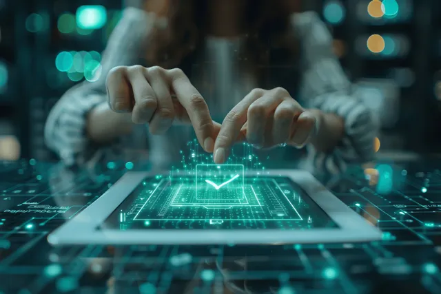 Business person signing on tablet while confirming quality control with a virtual check mark