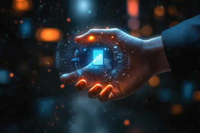 A human hand reaches toward a glowing holographic interface with data rings and floating particles in a dark environment.