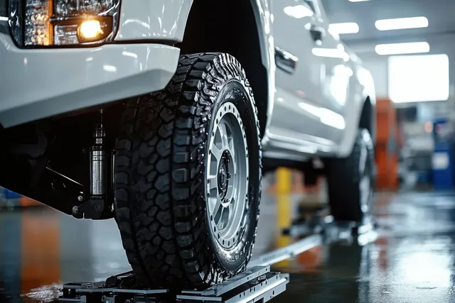 Close-up of an off-road tire and metal wheel on a workshop lift