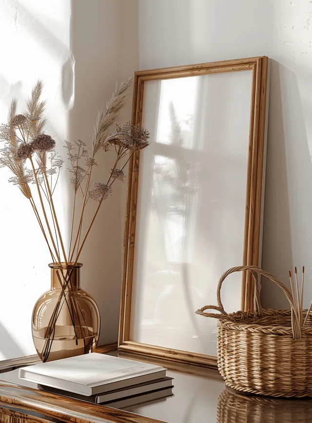 A blank wooden picture frame on a table with rattan baskets and dried reeds in a bright white room.