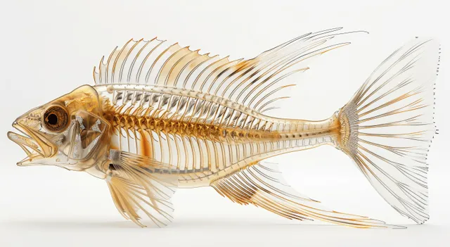 Gromo fish skeleton on a white background, showing rib-like spine segments and spread fin rays.