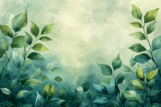 Green watercolor leaves layered across a pale spring background with gentle misty watercolor texture.