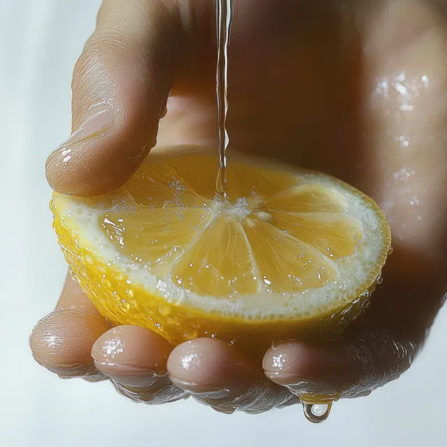Hand holds a halved lemon as clear water drips onto the wet cut surface.