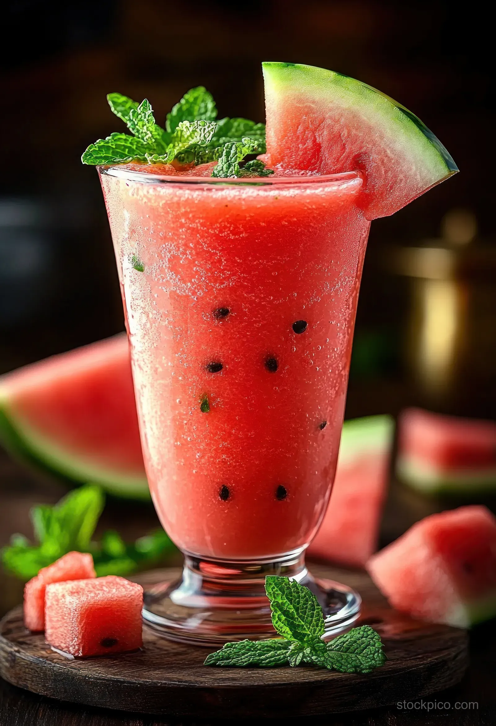 A clear glass of watermelon smoothie with mint leaves and a watermelon slice on a wooden table.