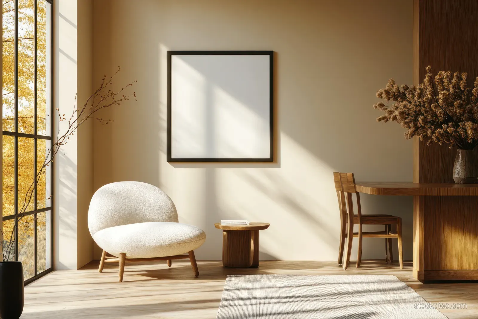 Cream armchair beside a small wooden table in a sunlit minimalist living room with a framed wall picture.