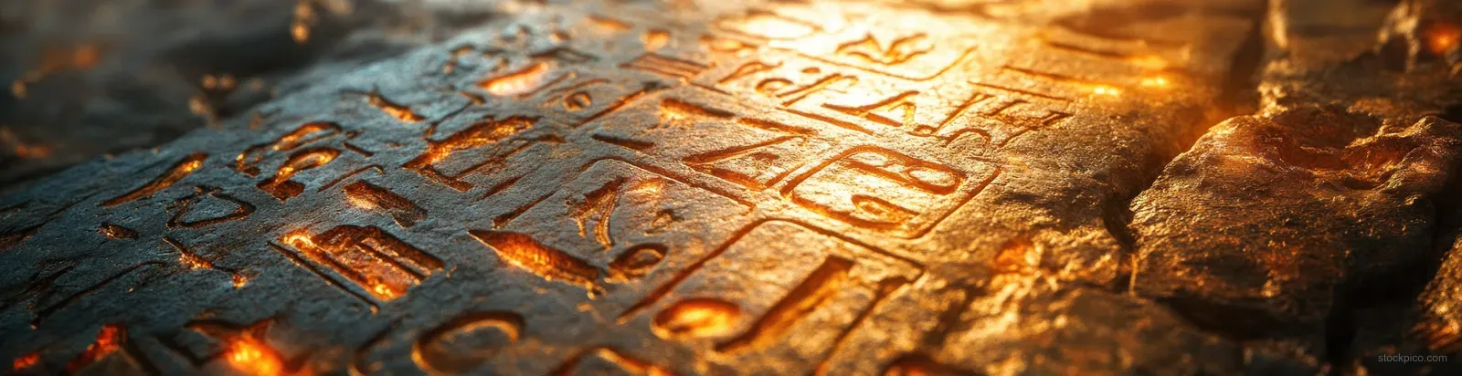 Weathered stone tablet covered in carved ancient Egyptian hieroglyphs under warm torchlike lighting.