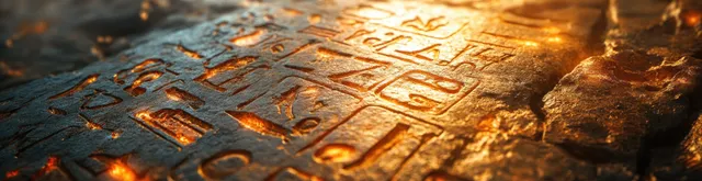 Ancient Egyptian hieroglyphs carved on a weathered stone tablet with warm torchlit glow